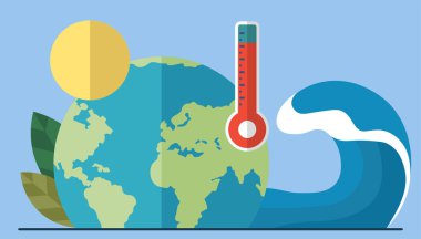 Gezegen üzerinde büyük dalgaları olan bir tsunami. Dünya 'daki yükselen su seviyesi tsunamiye yol açıyor. Büyük dalga dünyaya doğru geliyor. Felaket, facia. Sel, çığ, kasırga. İklim değişikliği. Küresel sıcaklık