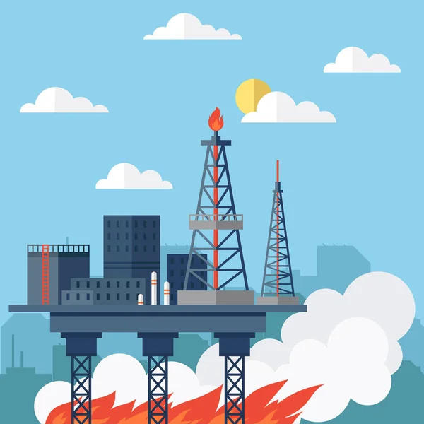 Derrick Petrolifero Fiamme Stabilimenti Industriali Industria Petrolifera Complesso Raffineria Petrolio — Vettoriale Stock