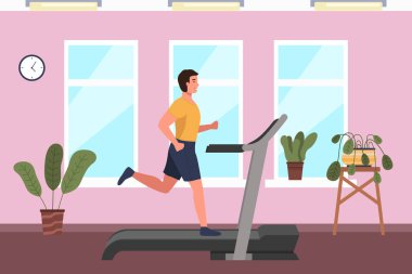 Spor salonundaki koşu bandında sportif bir adam var. Koşmak, evde spor yapmak. Kardiyo çalışması. Sabahleyin salonda egzersiz yapmak için. İçeride koşmak ve spor yapmak. Sağlıklı yaşam tarzı kavramı