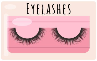 Pembe şeffaf bir kutuda siyah takma kirpik ikonu. Kirpik uzantılı düz vektör çizimi için güzellik ürünü. Gözler için moda koleksiyonu, güzel bir makyaj. Hacim ve uzunluk için Mascara