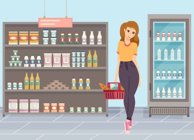 Markette ürün seçen genç bir kadın, süpermarkette alışveriş yapan bir kız, arka plandaki buzdolabında sütlü ve raflarda yiyecek bulunan düz bir vektör. Güzel kız süpermarketten alışveriş yapıyor.