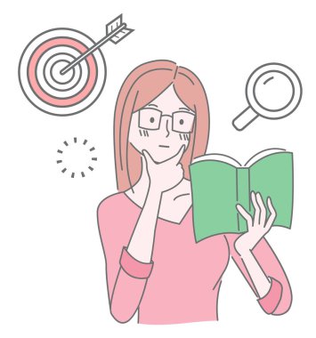 Gözlük takıp kitap okuyan güzel bir kız. Sevimli çizgi film karakteri kızı. Oklu hedef, büyüteç simgeleri. Arama, yükleme konsepti. Kitabıyla genç bir kadının basit avatarı, düşünceli.