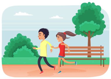Genç bir adam ve bir kadın parkta koşuyor. İnsanlar koşuyor ve dışarıda spor yapıyor. Karakterler yaz günü yeşil ağaçların arka planına karşı açık alanda vakit geçirirler.