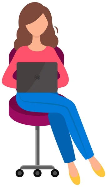 Girl Works Laptop Female Character Sitting Chair Computer Her Hands — Stock Vector