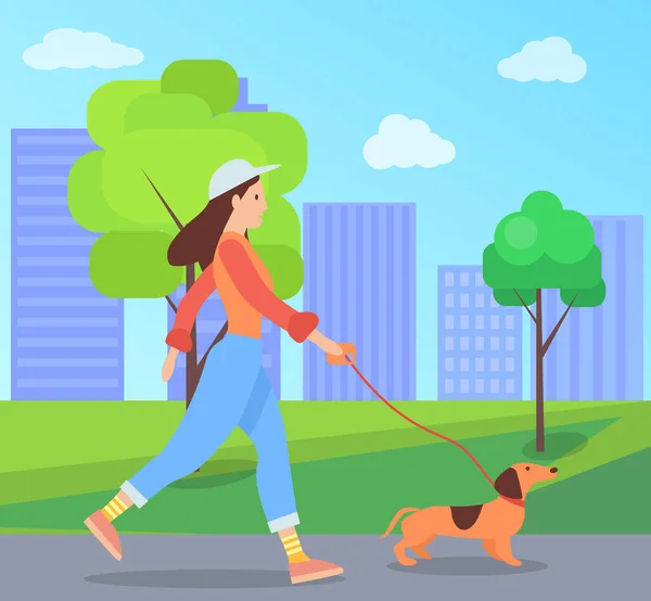 Una Chica Con Perro Está Caminando Por Calle Personaje Femenino — Vector de stock