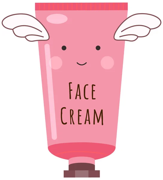 白い背景に隔離されたチューブでかわいい顔のクリーム 明るい顔と小さな翼を持つピンクチューブステッカー 顔やボディスキンケア製品 韓国の装飾化粧品のシリーズの一部 — ストックベクタ