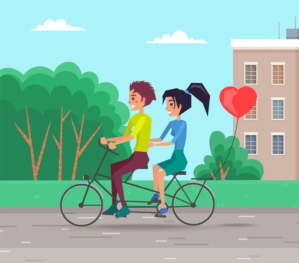Pareja Caminando Parque Ciudad Montando Bicicleta Juntos Chica Feliz Chico — Vector de stock