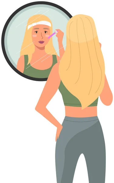 Donna Usa Siero Cosmetico Prendersi Cura Del Suo Viso Ragazza — Vettoriale Stock