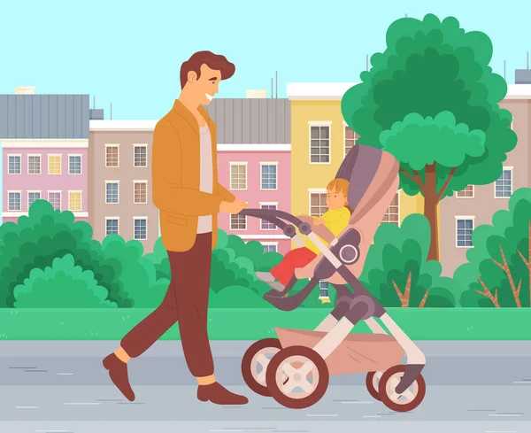 Een Jonge Vader Die Met Een Kinderwagen Het Park Loopt — Stockvector