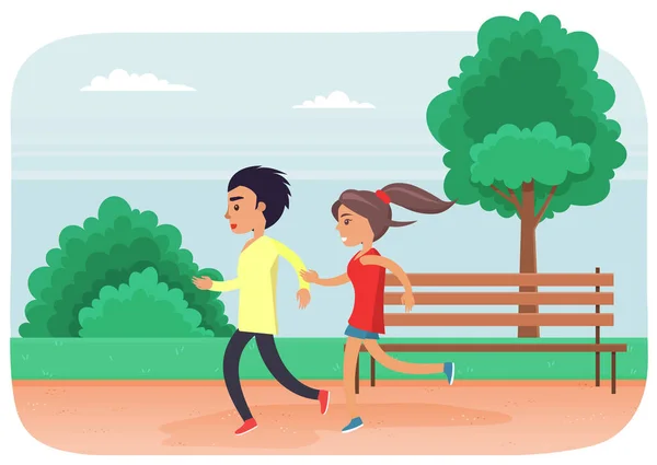 Jeune Homme Jeune Femme Faisant Jogging Dans Parc Les Gens — Image vectorielle