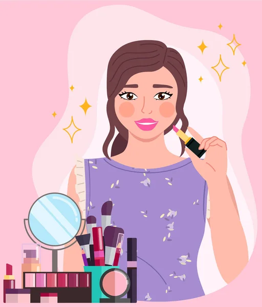 美しい若い女の子は ピンクの背景に美しさと塗料の唇の世話を見て メイクを行います 化粧品ツールや韓国の化粧品 スキンケアと健康のための美容製品コレクション — ストックベクタ