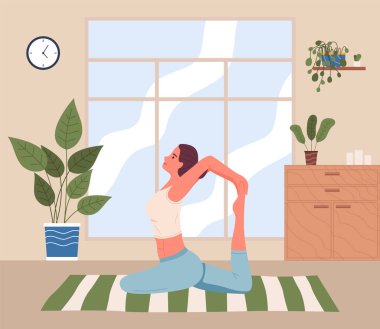 Yoga yapan bir kadın. Sporcu formalı genç bir kız yerde oturup esneme hareketleri yapıyor. Kadın karakter sağlığıyla ilgileniyor, sağlıklı bir hayat sürüyor, odada rahatlama egzersizleri yapıyor.