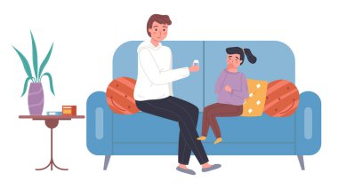 Babam küçük bir çocuğa bakıyor. Kız babasından hap alıyor. Beyaz arka planda bir aile. Kadın karakter üşütüp kanepede oturuyor. Çocuk özel ilaçlarla grip tedavisi görüyor.