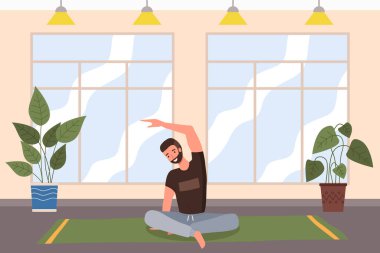 Yoga egzersizi yapan bir adam. Genç sakallı adam lotus pozisyonunda yerde oturuyor. Erkek karakter sağlığıyla ilgileniyor, sağlıklı bir hayat sürüyor, evde ya da spor salonunda rahatlama egzersizleri yapıyor.