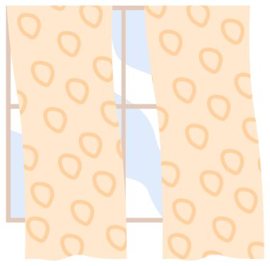 Sarı perdeleri rüzgarda dalgalanan, arka planda mavi gökyüzü olan oturma odası penceresi tasviri. Dairenin içinde gün ışığıyla birlikte, perdeler bir kornişte asılı.