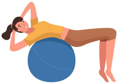 Kadın spor yapıyor. Genç gülümseyen kız, beyaz arka planda izole edilmiş bir jimnastik topuyla pilates yapıyor. Sıska kadın spor yaparken spor üniforması giymiş.