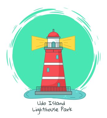 Okyanus manzaralı kırmızı deniz feneri afişi. Üzerinde Udo Adası deniz feneri parkı illüstrasyonu var. Su taşımacılığının tropik ada jeju sembolünü aydınlatmak için büyük projektörlü inşaat.