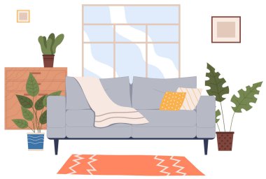 Oturma odası mobilya tasarımı, konforlu ev dekorasyonu. Oturma odası ya da ofis için çağdaş mobilyalar. Yastıklı ve ekoseli kanepe, pencerede saksı. Rahatlamak için modern kanepe