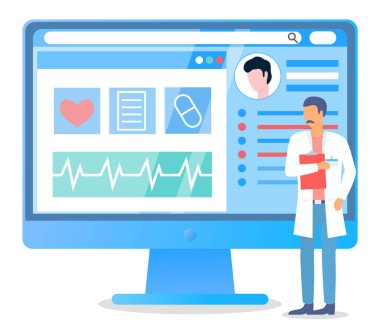 Dosyası olan doktor, hastanın kişisel sağlık kartıyla bilgisayar ekranının yanında duruyor. Sağlık hakkında bilgi. İnternet tıbbı. Hekim ya da terapist elinde tıbbi önlük kartı taşıyor.