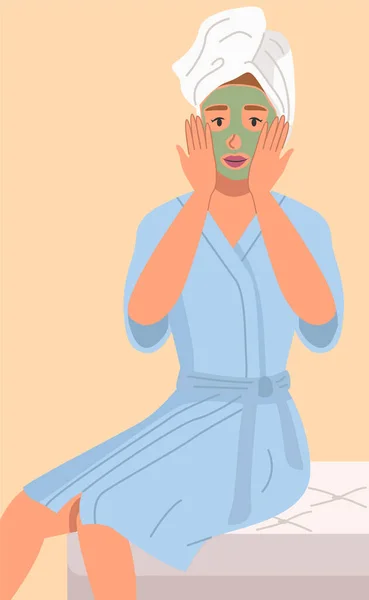 Girl Doing Morning Routine Woman Bathrobe Applying Face Mask Skin — Stock Vector