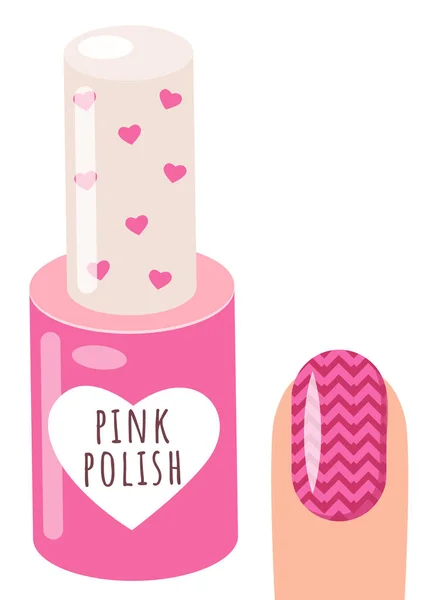 ピンクのネイルポリッシュと女性の爪にパターンを持つ手は ニスマニキュアサロンアクセサリーをニス 心のキャップ付きのネイルローズポリッシュボトル 漆でかわいいコンテナ 手のケアと美しさ — ストックベクタ