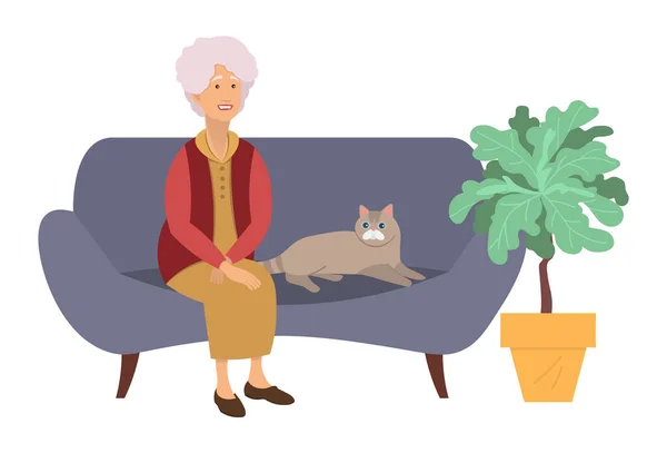 猫とソファに座っている老女 高齢者のライフスタイルの概念 老人は家でリラックスした 白い背景に彼女のペットと祖母の漫画のスタイルでベクトルイラスト — ストックベクタ