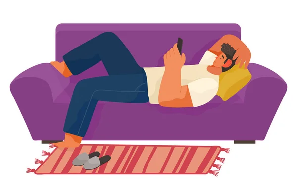 Entspannungszeit Junger Mann Mit Handy Auf Sofa Oder Couch Hause — Stockvektor