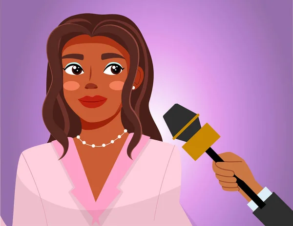 Tisková Konference Ženou Novinář Mikrofonem Rozhovory Slavnou Afro Americkou Dívkou — Stockový vektor