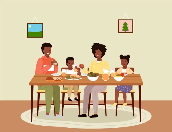 Afro Amerikalılar Yemek Odasında Yemek Yiyorlar Afroamerikan Ailesi Sağlıklı Yiyeceklerle — Stok Vektör