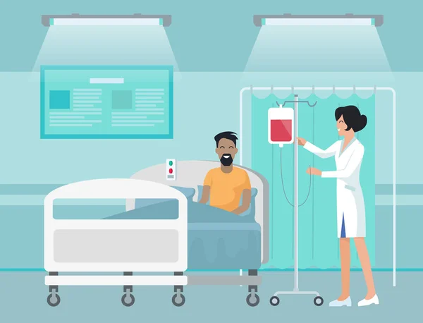 病人输血躺在医院的床上 护士或医疗助理检查货架上的血袋 治疗年轻微笑的男人 住院治疗 医疗保健概念 — 图库矢量图片