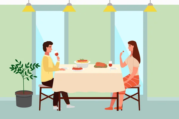 Pár Hagyományos Olasz Ételeket Eszik Egy Kapcsolat Szereplői Egy Étteremben — Stock Vector