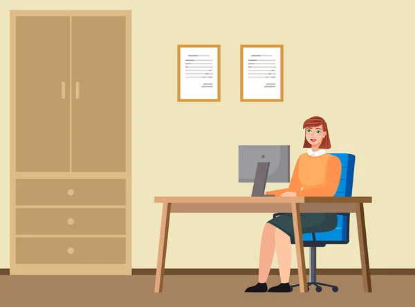 Νεαρή Κοκκινομάλλα Επιχειρηματίας Στο Γραφείο Εργάζεται Για Την Απεικόνιση Διάνυσμα — Διανυσματικό Αρχείο