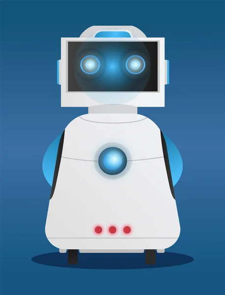 白色机器人 头部有一个正方形矢量 与蓝色背景完全对齐 带电子计算机控制的轮子上的科学机器 具有发光元素的机器人 — 图库矢量图片#