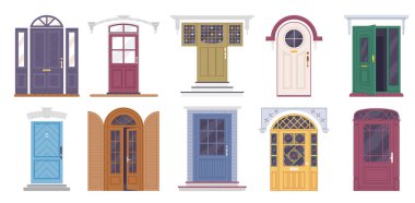 Farklı ev girişleri, verandalar, kapalı ahşap modern kapılar, retro kapı. Ön cephesinde renkli pencereler olan dairelerin girişleri. Evin düz vektör dış görünüşü farklı biçimdedir