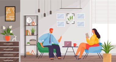 Kadın ve erkek masada oturuyor, birlikte çalışıyor, yeni bir başlangıç hakkında tartışıyorlar. Ofiste iş arkadaşlarıyla toplantı. Birlikte çalışma, takım çalışması konsepti. İş projesi kapsamında çalışan çalışanlar, mevcut sorunları tartışın