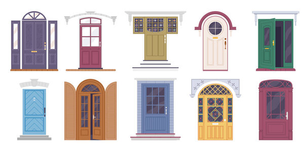 Set of different house entrances, porches and closed wooden modern doors, retro doorway. Entries to apartments with colored windows on facade. Flat vector exterior of house in different style