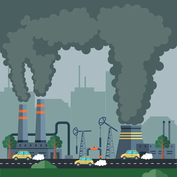環境汚染と生態系の災害 工場の空気と水質汚染 発電所の大気汚染や産業工場 煙や大気汚染 霧の工業プラントの雲 — ストックベクタ