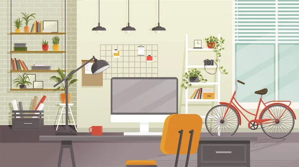 家庭办公橱柜客厅室内概念 为工人 有餐桌 计算机 自行车和室内装饰设备的学生提供的现代工作场所 — 图库矢量图片