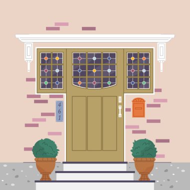 Facade door house exterior entrance. Front view from street. Closed home entry exterior with potted flower plants, lamp, number plate. Doorway facade. Entries to apartments with green decoration