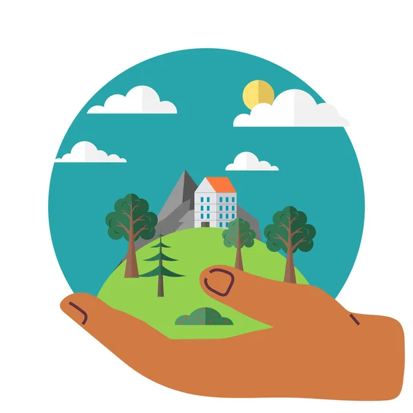拯救地球 手牵着地球 地球日的概念为海报 有绿树和房子的球茎 尊重自然和生态 关心地球 环境和生态的象征 — 图库矢量图片