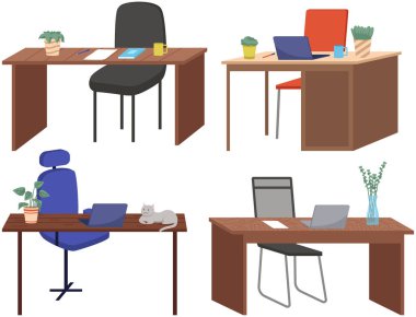 Çalışanların örgütlenme yeri. Worspace oda tasarımı, ofiste çalışmak için yer. İçi bilgisayar ve sandalyeli mobilya masası düzenlemesi. Evde teknolojiyle çalışmak için uygun bir yer
