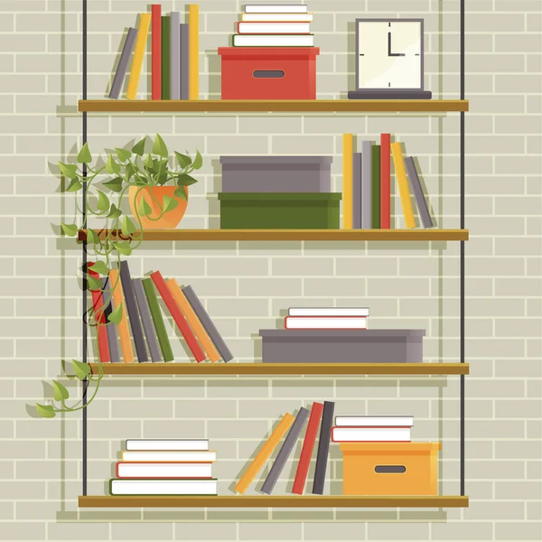 Book Shelves Colorful Objects Cartoon Design Style Bookshelves Different Potted — Stockový vektor