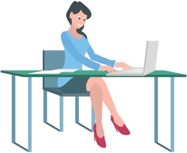 Kadın masada oturuyor ve dizüstü bilgisayarında mesajla çalışıyor. İş yerindeki kadın karakter sekreteri bilgisayar üzerinde çalışıyor. Ofis çalışanı beyaz arka planda izole edilmiş. Bilgisayarlı bir iş kadını.