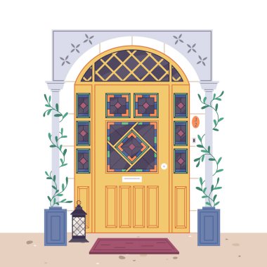 Yazlık evin ön cephesi sokaktan, ev binasının dışından, pencereli kapı, çiçekli yataklarda bitkilerle dolu kapı eşiğinde halı, lamba, plaka, fayanslı yol. Dairelerin girişleri. Ofis kapısı.