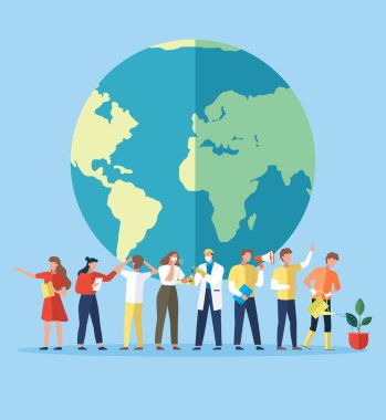 Küçük insanlarla dolu yeşil gezegen Dünya 'ya bakar, doğayı ve temiz ekoloji kavramını korur. Çevre koruma, sıfır atık doğa dostu yaşam tarzı. Dünya çevresi günü. Küresel ekolojik ilgi