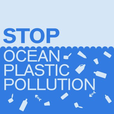 Okyanus plastik kirliliği pankart tasarımı şablonunu kağıt kesim stilinde durdurun. Plastik torbalar denizde yüzüyor, çöpler suda, çöpler. Deniz yatağı resifi, dalgalar çöplüğü. Mavi arkaplanda ekolojik problem posteri