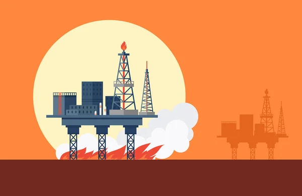 冒着浓烟的大型炼油厂 石油生产 石化厂 生态灾难 金属结构制造 天然气生产企业 石油生产 — 图库矢量图片