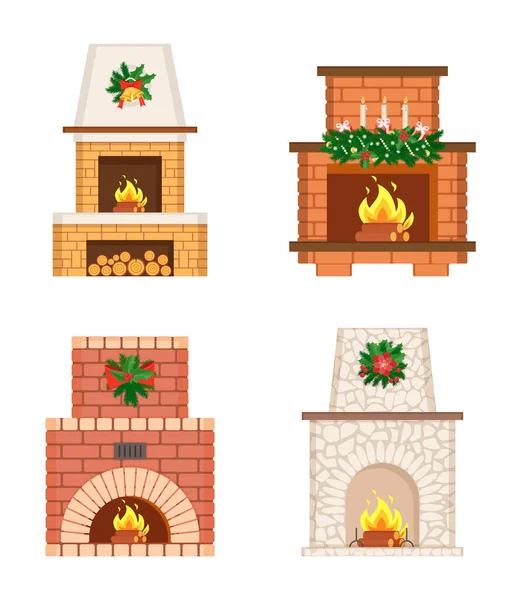 把炉灶上的圣诞装饰换成孤立的图标矢量 蜡烛和花环 寄生叶和浆果 — 图库矢量图片