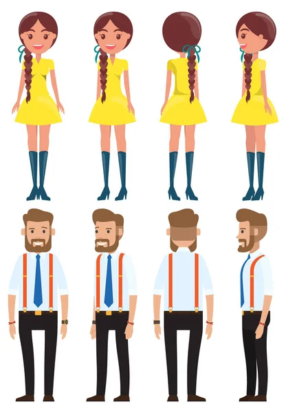 Stylish Businessmen Cute Young Girl Set Man Wooman Characters Front — Stock Vector
