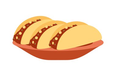 Meksika kafe ya da restoranının şablonu. Meksika mutfağı düz vektör çizimi. Taco servis etmenin tanıtımı. Beyaz zemin üzerinde et dolu büyük bir tortilla tabakası.